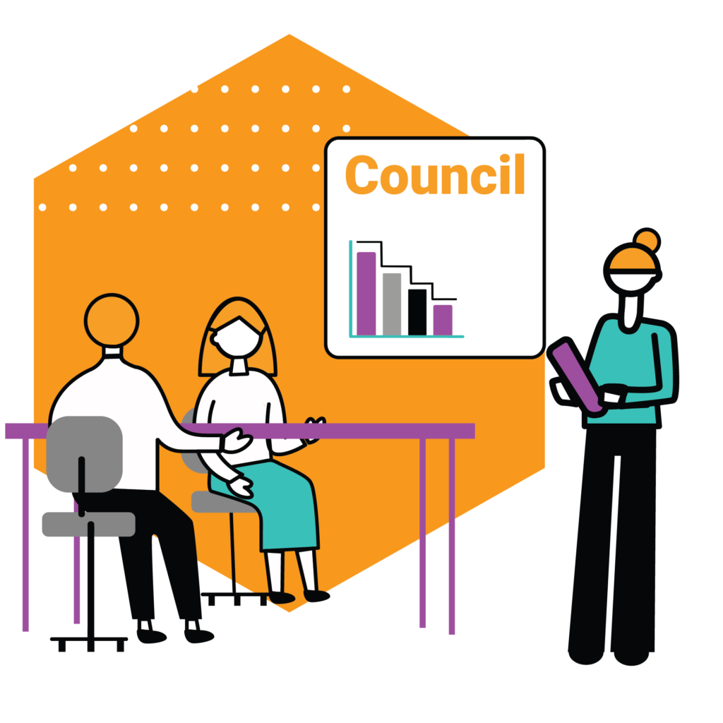 Orange, purple and green people illustration showing council workers